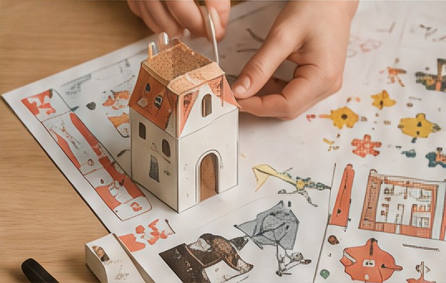 Manos montando una maqueta recortable sobre una mesa