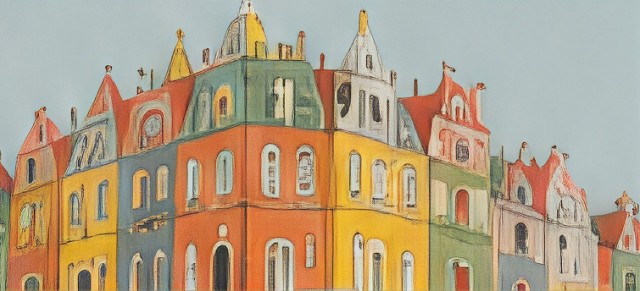 Ilustración de un conjunto de edificios de colores